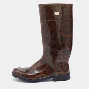 Pre Owned Dolce & Gabbana Black/Brown Leopard Print PVC Mid Calf Rain Boots Size 41