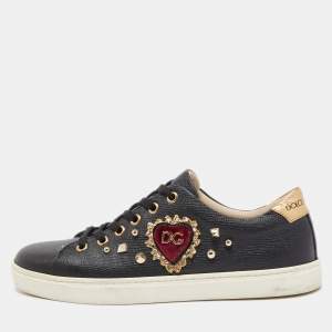 Pre Owned Dolce & Gabbana Black Leather Embellished DG Heart Low Top Sneakers Size 37