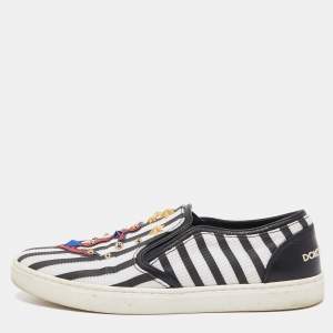 Pre Owned Dolce & Gabbana Black/White Mesh and Leather Studded Anchor Sneakers Size 39