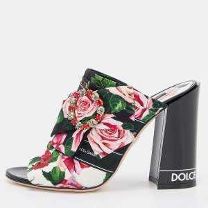Pre Owned Dolce & Gabbana Multicolor Floral Printed Fabric Crystal Embellished Bow Block Heel Sandals Size 39