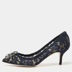 Pre Owned Dolce & Gabbana Navy Blue Lace and Mesh Bellucci  Pumps Size 37.5