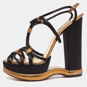 Pre Owned Dolce & Gabbana Black/Gold Leather and Satin Strappy Wedge Sandals Size 40