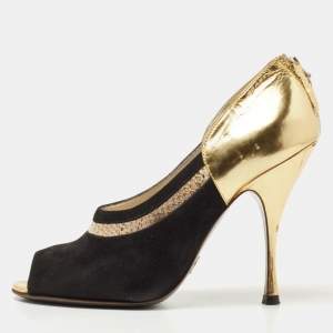 Dolce & Gabbana Gold/Black Leather and  Suede Peep Toe Pump Size 39.5