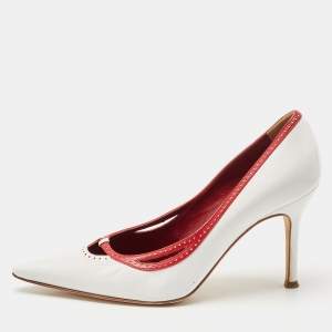 Pre Owned Dolce & Gabbana White / Red Leather Perforated Pointed Toe Platform Pumps Size 38