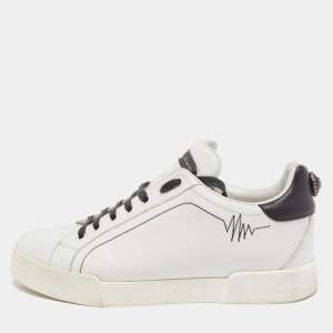 Pre Owned Dolce & Gabbana White Leather Heartbeat Embroidered Sneakers Size 37.5