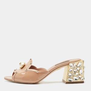 Dolce & Gabbana Beige Patent Leather Embellished Block Heels Slide Sandals Size 36