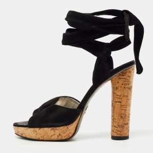 Pre Owned Dolce & Gabbana Black Suede Lace Up Ankle Strap Cork Platform Heel Sandals Size 38.5