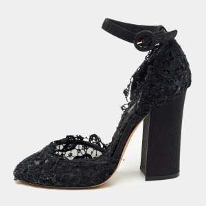 Pre Owned Dolce & Gabbana Black Mesh and Lace Ankle Strap Sandals Size 39
