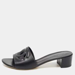 Dolce & Gabbana Black Leather Laser Cut Logo Slide Sandals Size 41