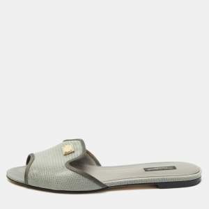 Pre Owned Dolce & Gabbana Grey Lizard Embossed Leather Sofia Slides Size 39.5