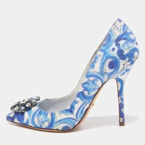 Pre Owned Dolce & Gabbana Blue  Print Brocade Fabric Bellucci Crystal Embellished Pointed Toe Pumps Size 38