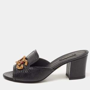 Pre Owned Dolce & Gabbana Black Lizard Embossed Leather DG Amore Slide Sandals Size 37