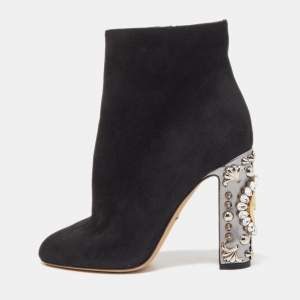 Pre Owned Dolce & Gabbana Black Suede Crystal Embellished Clock Heel Ankle Booties Size 38