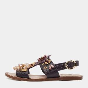 Dolce & Gabbana Purple Lizard Embossed Leather Embellished Ankle Strap Flat Sandals Size 41