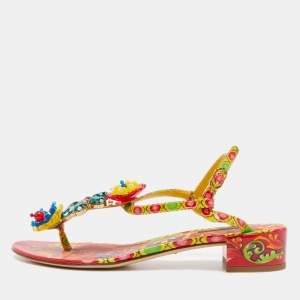 Dolce & Gabbana Multicolor Printed Patent Leather Embellished Ankle Strap Sandals Size 38