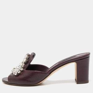 Dolce & Gabbana Burgundy Lizard Embossed Crystal Embellished Slide Sandals Size 37