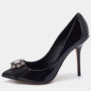 Pre Owned Dolce & Gabbana Black Patent Leather Crystal Embellished Bow Pumps Size 38.5