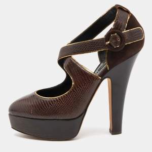 Dolce & Gabbana Brown Embossed Lizard and Suede Cross Ankle Strap Platform Pumps Size 39