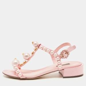 Pre Owned Dolce & Gabbana Pink Satin Pearl Embellished Ankle Strap Flat Sandals Size 39