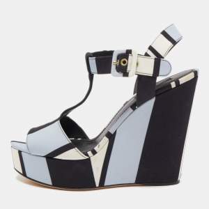Pre Owned Dolce & Gabbana Tricolor Printed Fabric T-Strap Wedge Sandals Size 39
