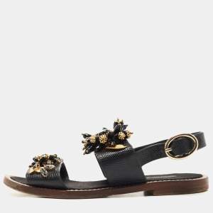 Dolce & Gabbana Black Lizard Leather Crystal Embellished Slingback Flat Sandals Size 38