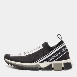 Pre Owned Dolce & Gabbana Black/White Logo Print Knit Fabric Sorrento Sneakers Size 38