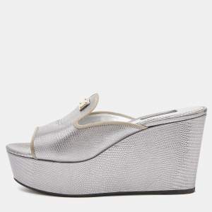 Pre Owned Dolce & Gabbana Silver Embossed Lizard Leather Peep Toe Mules Size 37