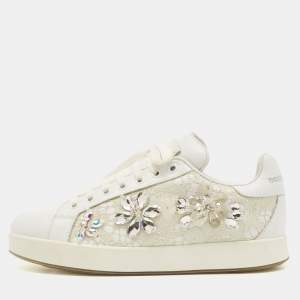 Pre Owned Dolce & Gabbana White Leather and Lace Crystal Embellished Low Top Sneakers Size 37