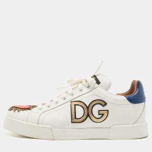 Pre Owned Dolce & Gabbana White Leather Sacred Heart Portofino Sneakers Size 40