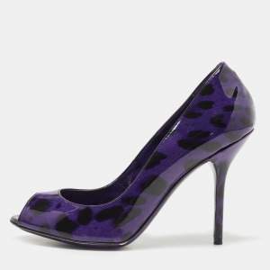 Dolce & Gabbana Purple/Black Animal Print Patent Leather Peep Toe Pumps Size 38.5