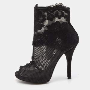 Pre Owned Dolce & Gabbana Black Lace and Mesh Peep Toe Booties Size 37.5