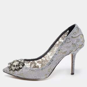 Pre Owned Dolce & Gabbana Grey Lace Bellucci Pumps Size 38