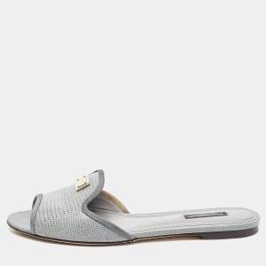 Pre Owned Dolce & Gabbana Green  LIzard Embossed Flat Slides Size 38.5