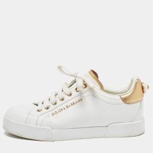 Pre Owned Dolce & Gabbana White/Gold Leather Pearl Embellished Portofino Sneakers Size 37