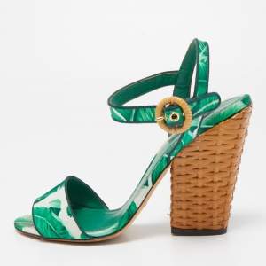 Pre Owned Dolce & Gabbana Green Banana Leaf Print Satin Keira Ankle Strap Sandals Size 41