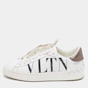 Pre Owned Valentino White/Grey Leather VLTN Rockstud Low Top Sneakers Size 37