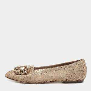 Pre Owned Dolce & Gabbana Beige Lace Taormina Crystal Embellished Ballet Flats Size 36