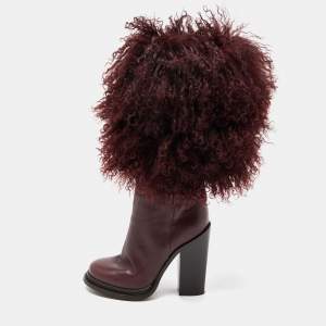 Pre Owned Dolce & Gabbana Burgundy Fur and Leather Calf Length Boots Size 38