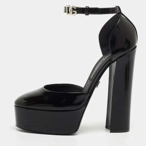 Pre Owned Dolce & Gabbana Black Patent Leather Logo Plaque Platfrom Pumps Size 39.5