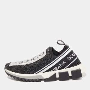 Pre Owned Dolce & Gabbana Black/Silver Crystal Embellished Knit Fabric Sorrento Sneakers Size 39