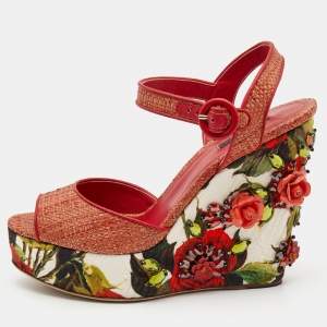 Pre Owned Dolce & Gabbana Pink Floral Raffia Wedge Platform Ankle Strap Sandals Size 40