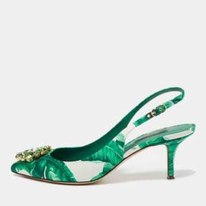 Pre Owned Dolce & Gabbana Green/White Leaf Print Satin Bellucci Slingback Pumps Size 39.5