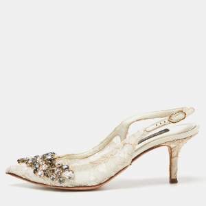 Pre Owned Dolce & Gabbana White Lace Crystal Embellished Slingback Sandals Size 36