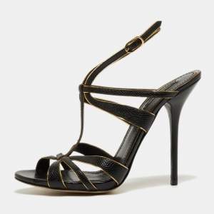 Pre Owned Dolce & Gabbana Black Lizard Embossed Leather T Strap Sandals Size 41 