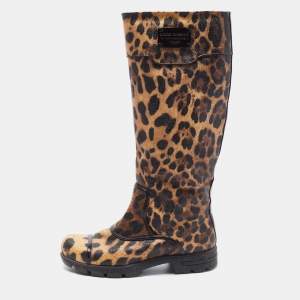 Pre Owned Dolce & Gabbana Brown Coated Canvas Leopard Print Knee Length Boots Size 36