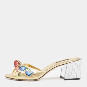 Pre Owned Dolce & Gabbana Gold Leather Knot Detail Mirrored Heel Slide Sandals Size 38