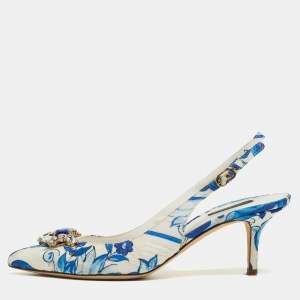 Pre Owned Dolce & Gabbana White/Blue Lurex Crystal Embellished Slingback Pumps Size 40