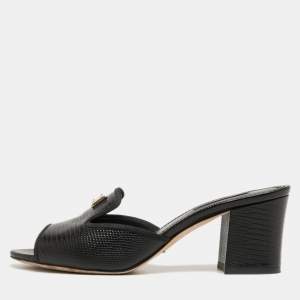 Dolce & Gabbana Black Lizard Embossed Leather Block Heel Mules Size 37.5