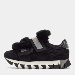 Pre Owned Dolce & Gabbana Black Mesh and Fur Low Top Sneakers Size 39