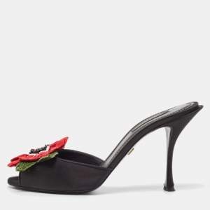 Dolce & Gabbana Black Satin Floral Applique Slide Sandals Size 37.5